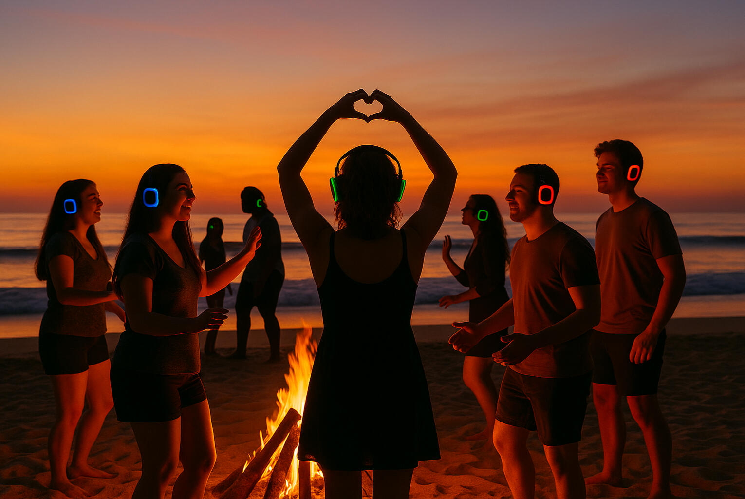 People dancing at the beach with headphones. Hearts